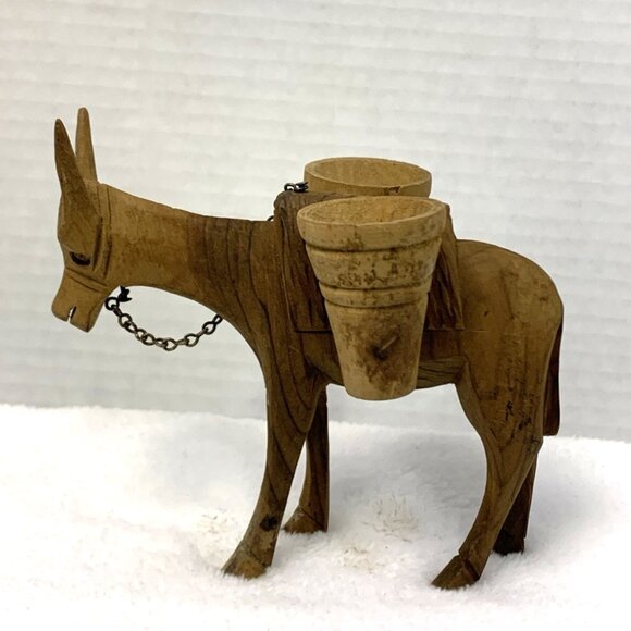 Hand Carved Wooden Mule Donkey Water Barrels Chain Rein Miniature Brown - Picture 2 of 9